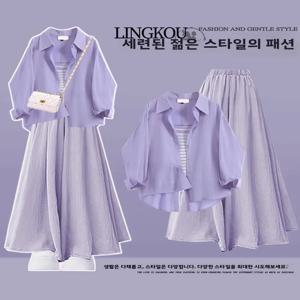 여름 안티에이징 여성용 큰 사이즈 3종 세트 자외선 차단 스트라이프 와이드 레그 팬츠 & 블라우스 캐주얼 하이웨이스트 롱 팬츠