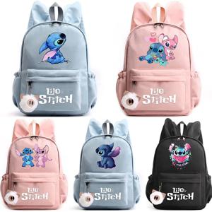 Lilo Stitch 학생 배낭 소녀 소년 십대 어린이 배낭 캐주얼 학교 가방 여행 토끼 귀 배낭 Mochila