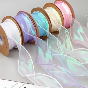 40mm 10 야드 Fishtail Organza 리본 선물 포장 용 반사 무지개 빛깔의 물결 모양 가장자리 리본 DIY Bow Bouquet Voile Ribbons