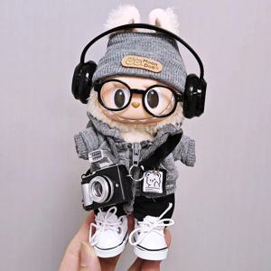 15cm/17cm 라부부 유니버셜 후드 세트 그레이 트렌디 의상 (카메라 안경, 헤드폰 & 캔버스화 포함) 시리즈 1-3 호환