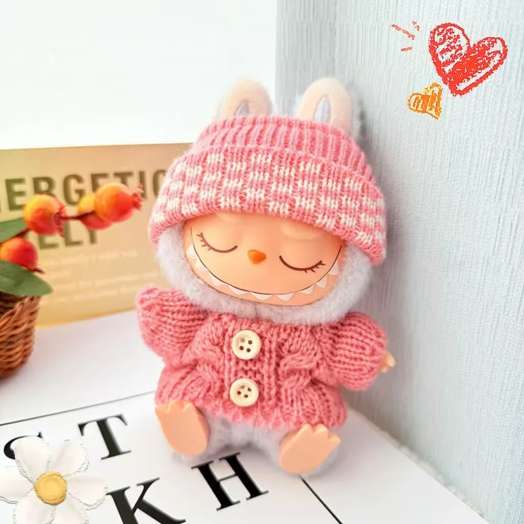 15-17cm Labubu 옷 복장 세트 V1 V2 귀여운 앉아 파티 인형 스웨터 모자 가방 액세서리 미니 봉제 인형 장식