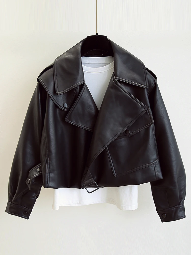 FTLZZ 새 봄 여성 가짜 가죽 자켓 바이커 레드 화이트 코트 턴 다운 칼라 PU 오토바이 자켓 루스 Streetwear 겉옷
