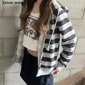 여성용 하라주쿠 대비 스트라이프 후드 맨투맨, 긴팔 오픈 지퍼, 루즈 후드, 캐주얼 스웨트, 블랙 네이비, 가을 겨울
