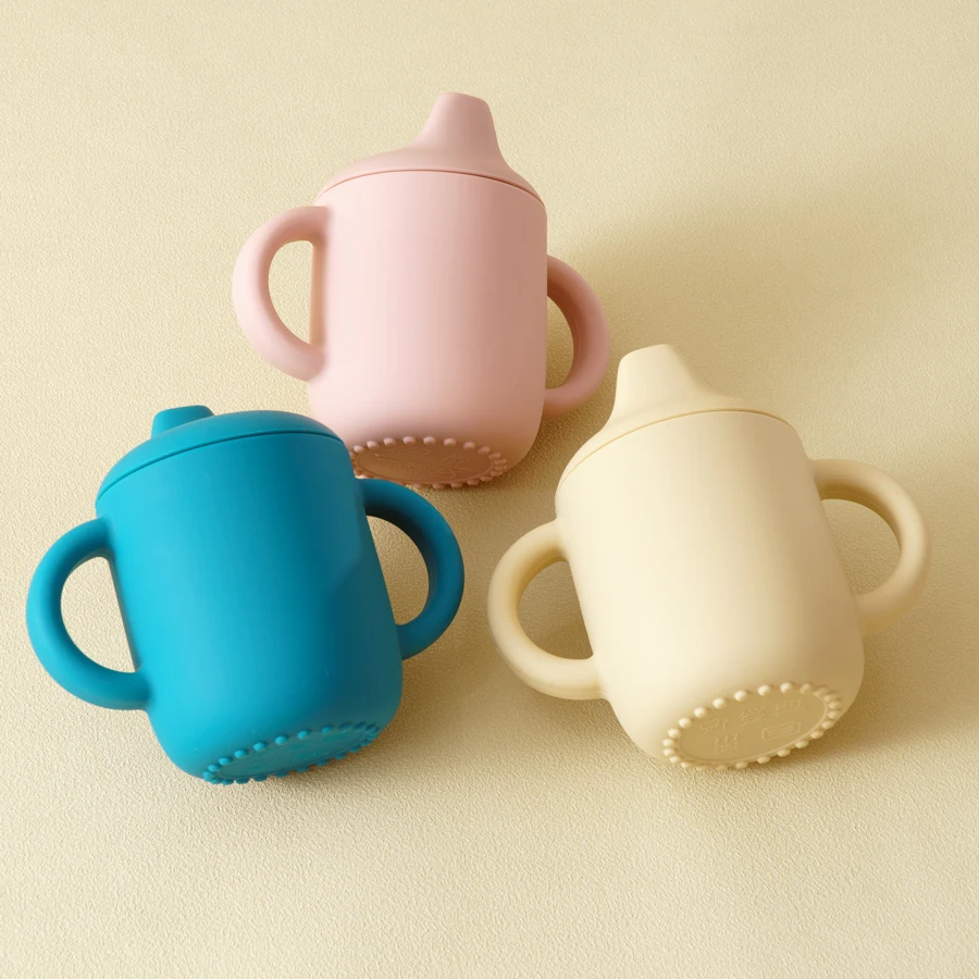 이중 손잡이가 달린 아기 실리콘 컵, 휴대용 물병, 아기 수유 학습 용품, 누출 방지 아기 컵, 1PC