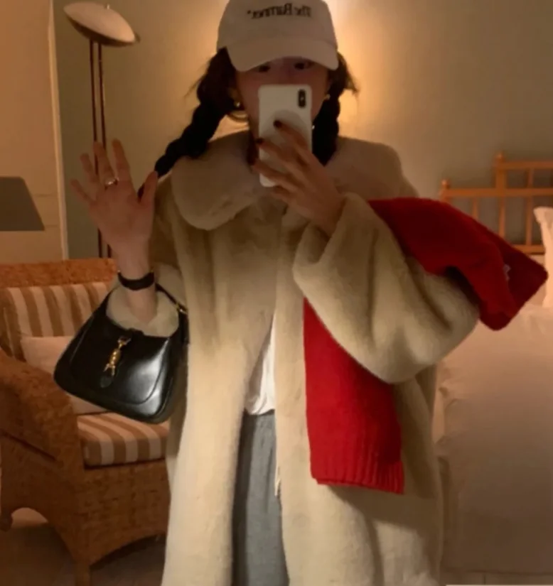 긴 루즈 칼라 모피 코트 겨울 따뜻한 여성용 아우터 친환경 백곰 가죽 재킷 스타일리시 레이디 브랜드 00