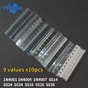 90pcs SMD 다이오드 키트 1N4007 1N4001 1N4004 SS14 SS16 SS24 SS26 SS34 SS36 9 값 X10pcs 정류기 다이오드 쇼트키