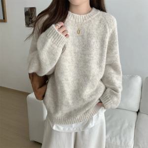 심플한 캐주얼 스웨터, 한국 패션, 레이지 윈드 솔리드 O-넥, 루즈 긴팔 풀오버, 니트 탑, 가을, 겨울, 신상