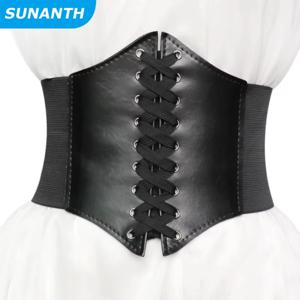 여자 블랙 묶여 Waspie 벨트 레이스 업 신치 벨트 코르셋 탄성 허리 벨트 Pu 가죽 탄성 섹시한 신부 코르셋과 Bustiers