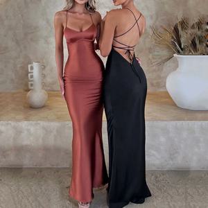 섹시한 스파게티 스트랩 새틴 드레스 여성 우아한 백 레이스 레이스 인어 드레스 여성 민소매 슬림 Bodycon 파티 롱 드레스