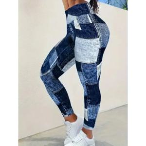 여성용 플러스 사이즈 1XL-5XL 캐주얼 스타킹 스포츠 바지 캐주얼 컬러 슬림 피트 바지 모조 데님 타이트 하이 웨이스트 레깅스