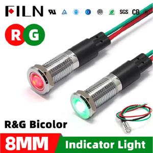 FILN 8mm 2 색 빨간색과 녹색 6V 12V 24V 36V 48V 120V 220V 금속 표시 등 20cm 케이블로 표시 등