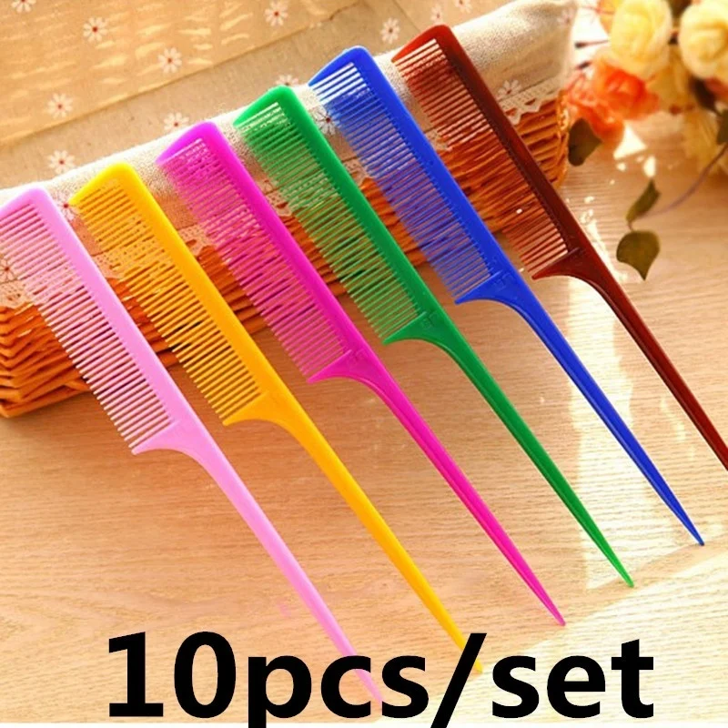 10pcs 지적 꼬리 헤어 스타일링 빗 정전기 방지 머리 염색 브러시 이발사 강철 바늘 핀 쥐 팁 빗 이발사 액세서리