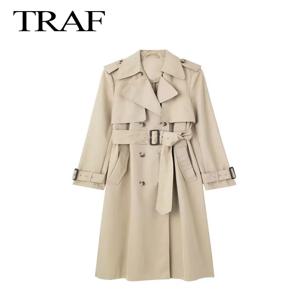 TRAFZA 여성 패션 가을 슬림 트렌치 코트 솔리드 턴 다운 칼라 긴 소매 벨트 장식 더블 브레스트 여성 코트
