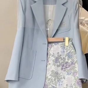 스커트 세트 정장 조끼 스커트 봄 새로운 아름다운 한국어 블루 코트 프린트 스커트 정장 여성 sfashion 감각 블루 정장 꽃 스커트