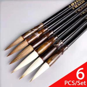 6pcs 나무 서예 브러쉬 펜 세트 다른 모델 중국어 그림 브러쉬 펜 양모 족제비 머리 일반 스크립트 쓰기 브러쉬