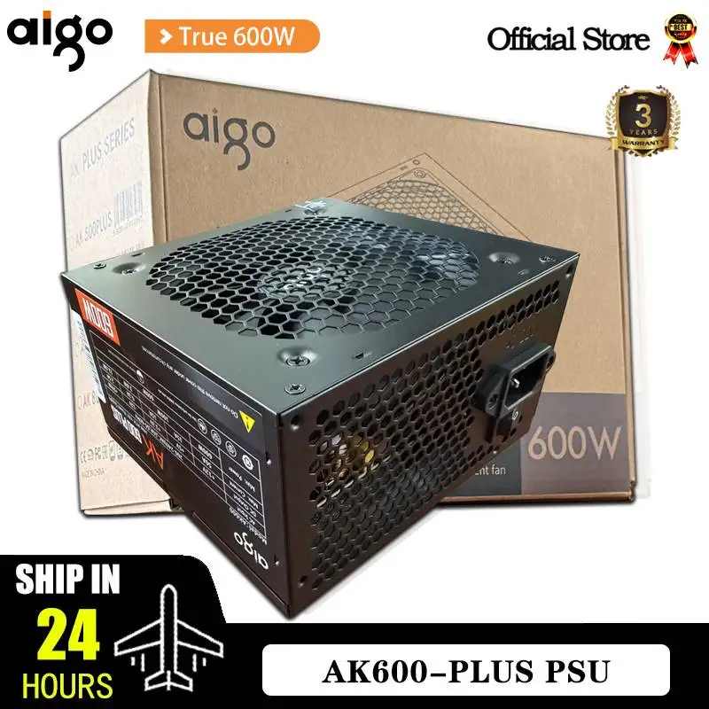 Aigo AK 600W PC PSU 전원 공급 장치, BTC용 데스크탑 컴퓨터 전원 공급 장치, 게임용 저소음 블랙 RGB 선풍기, 24 핀, 12V ATX, 120mm