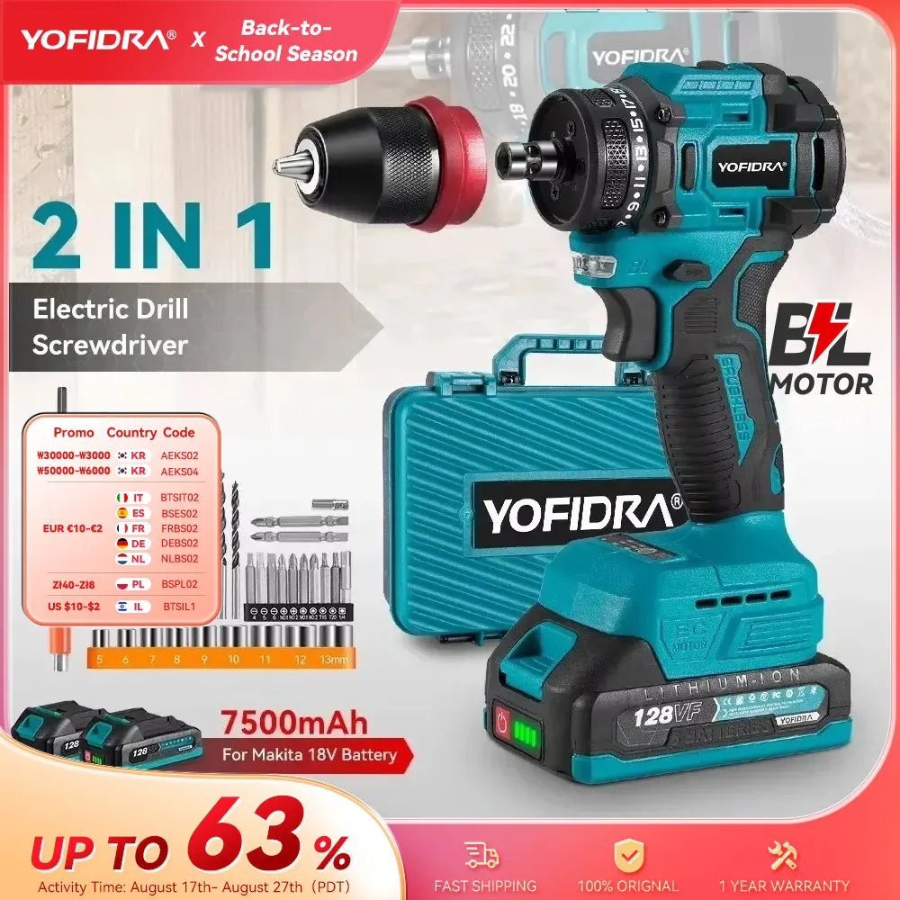 YOFIDRA 2 in 1 브러시리스 전기 스크루드라이버 해머 무선 드릴 임팩트 다기능 전동 공구 (마키타 18V 배터리 핀용)
