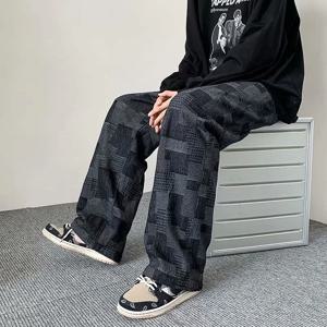 남성용 가을 블루 블랙 격자 무늬 청바지 Y2K 빈티지 와이드 레그 진 하이 스트리트 루즈 스트레이트 데님 바지 힙합 Pantalones