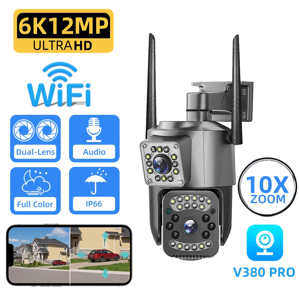 야외 무선 카메라 듀얼 렌즈 12MP 인간 감지 야간 투시경 IP 보안 보호 CCTV 카메라 V380 PRO