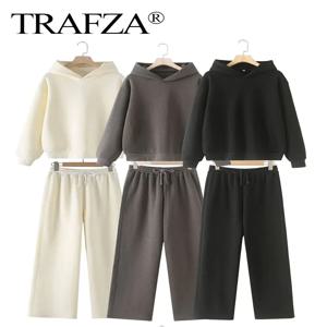 TRAFZA 여성 솔리드 캐주얼 운동복 바지 정장 긴 소매 후드 양털 풀오버 코트 루즈 스트레이트 바지 Office Lady Set