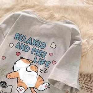 귀여운 만화 게으른 고양이 편지 인쇄 여름 커플 반팔 티셔츠 루즈 캐주얼 여성 탑