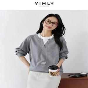 VIMLY 2 in 1 여성용 스웨트 2025 봄 대비 그레이 코튼 블렌드 풀오버 긴 소매 탑 캐주얼 패션 의류 A0276