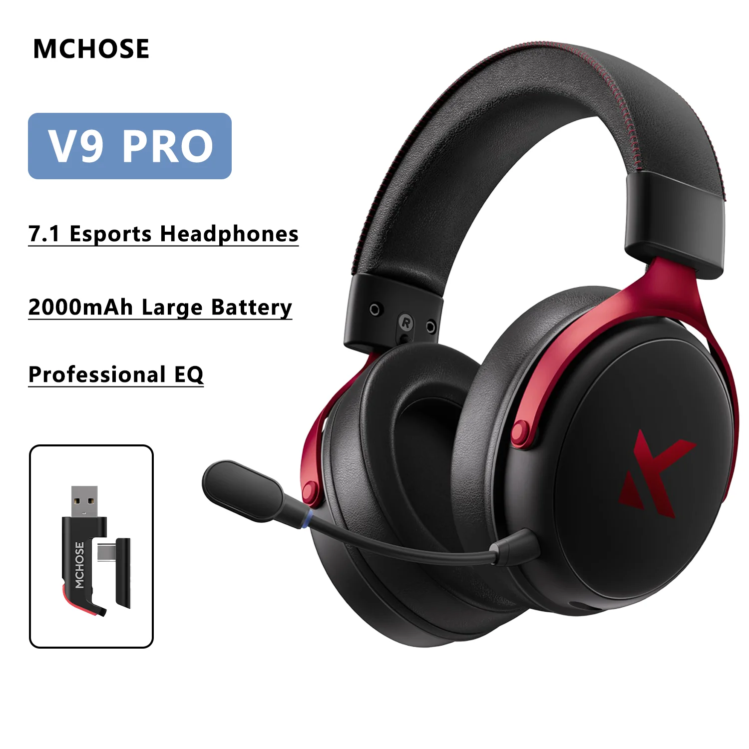 MCHOSE V9 Pro 무선 게이밍 헤드셋 트라이 모드 7.1 서라운드 53mm 드라이버 노이즈 캔슬링 마이크 EQ PC PS5 PS4 스위치 대용량 배터리