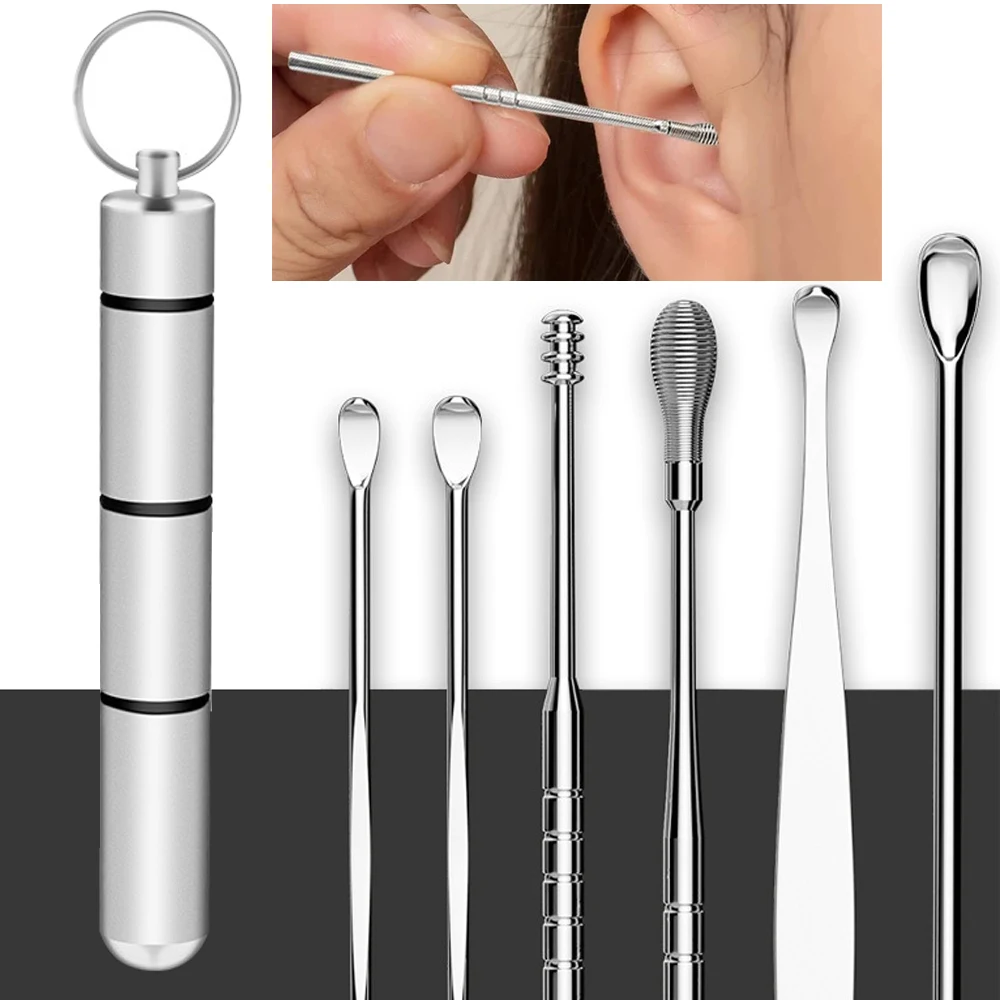 6/7pcs 귀 청소 스틱 세트 스테인레스 스틸 Earpick 재사용 가능한 귀 청소기 큐렛 귀 선택 숟가락 휴대용 귀지 제거 도구