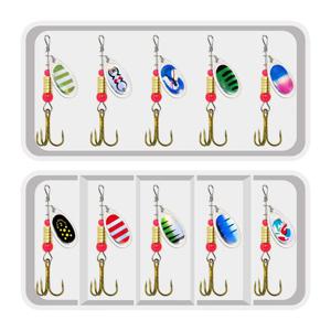 스피너 루어 트레블 후크 금속 스푼 루어, 하드 낚시 루어, 낚시 태클 박스 포함, 10 가지 색상, 세트 당 10 개