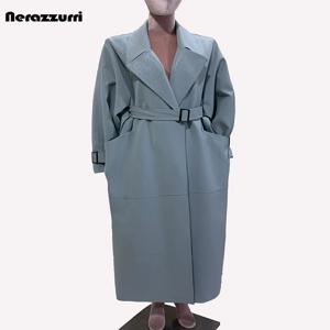 Nerazzurri 여성용 특대 롱 PU 가죽 트렌치 코트, 벨트 느슨한 럭셔리 디자이너 의류, 런웨이 패션 2024, 가을