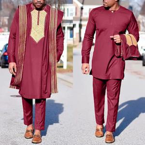 H & D 남성용 아프리카 Agbada 정장 수 놓은 가운 Dashiki 커버 셔츠 바지 3 PCS 세트 Boubou Africain Homme Musulman Ensembles