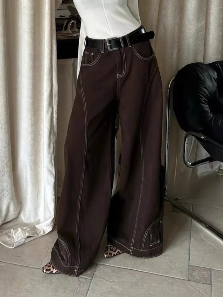 HOUZHOU 여성용 빈티지 다크 브라운 와이드 레그 청바지, Y2k 하이 스트리트, 헐렁한 데님 바지, 그런지 힙합, 미국 레트로, 오버사이즈 청바지