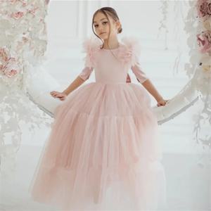 핑크 꽃의 소녀 드레스 Tulle With Bow 하프 슬리브 웨딩 생일 파티 연회 공주 가운