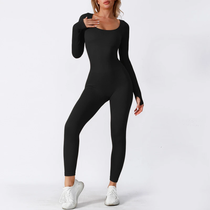 여성 스키니 점프 슈트 솔리드 컬러 립 니트 긴 소매 스퀘어 넥 Bodycon 점프 슈트 Romper 운동 스포츠 요가 Playsuits