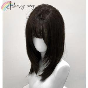 Ashely 검은 가발 짧은 스트레이트 16 인치 머리 가발 앞머리 머리띠 가발 고온 섬유 합성 가발 로리타 코스프레