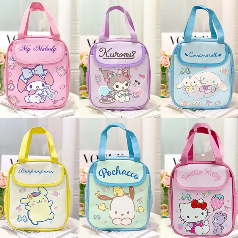Sanrio Hello Kitty Kuromi 절연 토트 점심 가방 재사용 가능한 접이식 지퍼 고정 캔버스 가방 내부 절연 알루미늄 필름