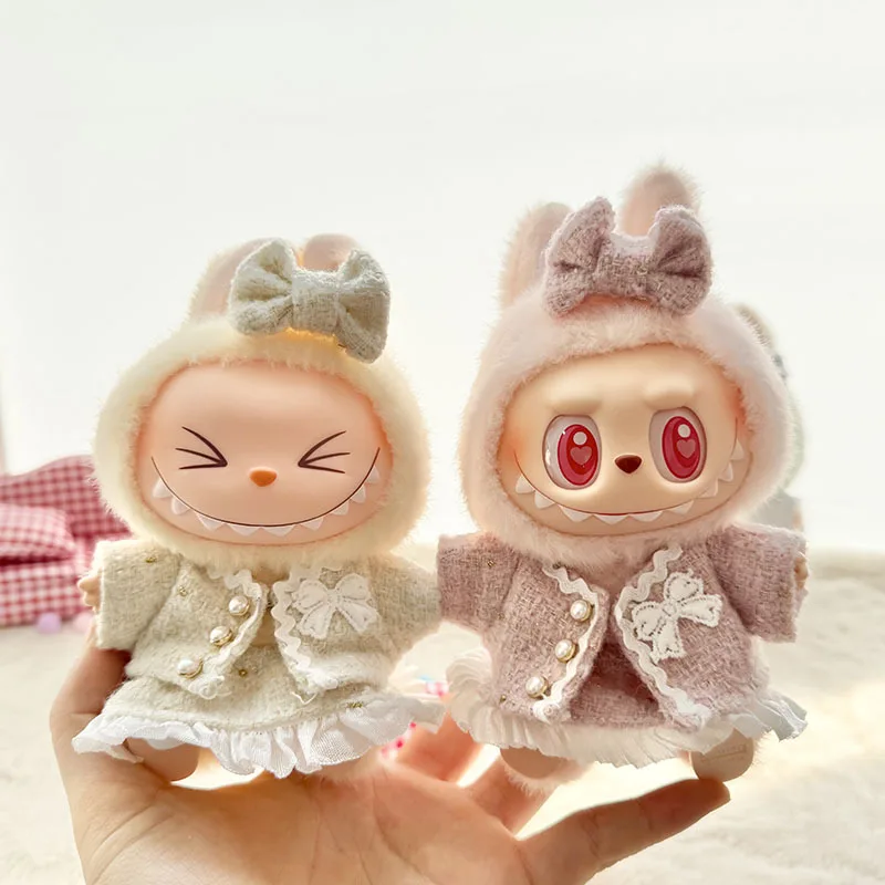 17cm Labubu 한국 클래식 그리드 스타일 드레스 신발 세트에 대한 고급 럭셔리 디자이너 의류 Labubu 선물을위한 패션 의류 복장