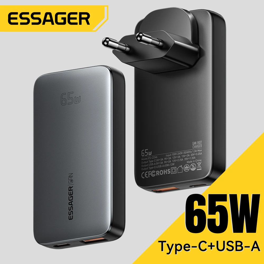 ESSAGER 65W GaN 충전기 PD 충전 유형 C USB 충전기 지원 QC PPS iPhone 16 15 14 13 노트북 충전기 용 휴대용 고속 충전기