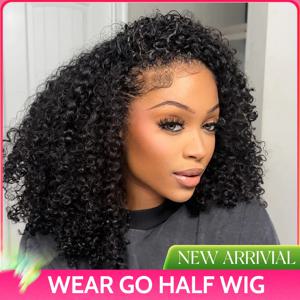 ISEE Glueless 인간의 머리 가발 변태 곱슬 머리띠 가발 업그레이드 3 IN 1 하프 가발 Drawstring Seamless Clip Ins Flip Over