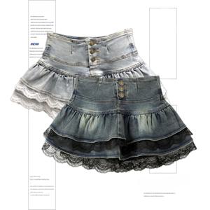 여자 빈티지 데님 플리츠 스커트 레이스 폴드 디자인 A 라인 짧은 스커트 반바지 내장 American Spicy Girl Korea Fashion Hotsweet