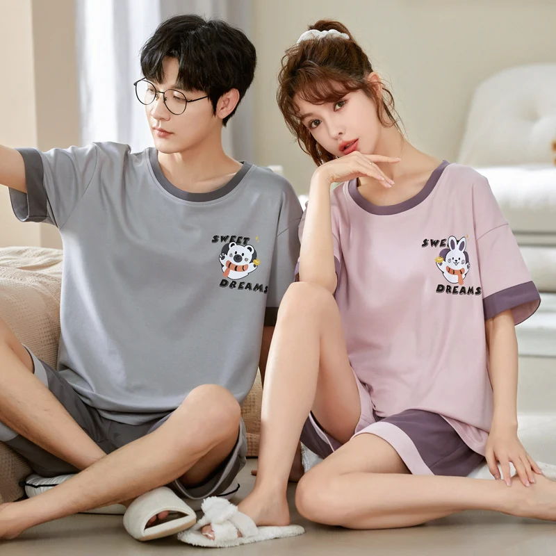 여름 코튼 반팔 남성 잠옷 세트, 커플 스위트 베어 여성 잠옷 정장, 연인 라운드 넥 잠옷, 남성 파자마 세트