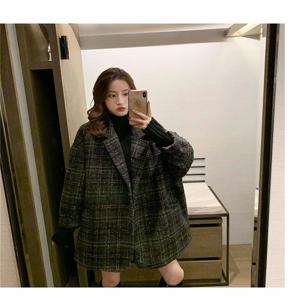 여성용 격자 무늬 미디엄 롱 모직 코트, 빈티지 패션, 한국 스타일, 루즈하고 편안함, 얇은 2023, 봄, 가을, 신상