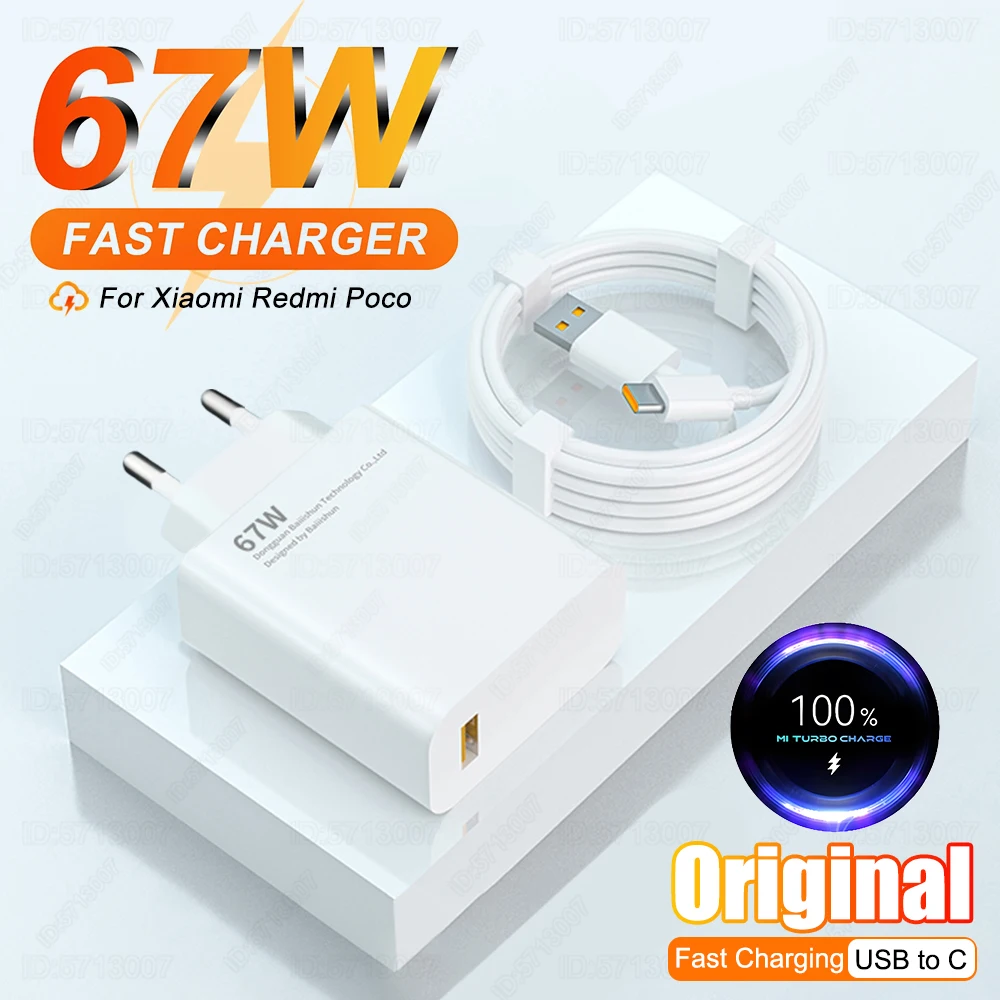 67W USB 고속 충전기 빠른 충전 3.0 벽 전화 어댑터 Xiaomi Redmi Poco Samsung Huawei Oneplus USB 충전기 유형 C 케이블