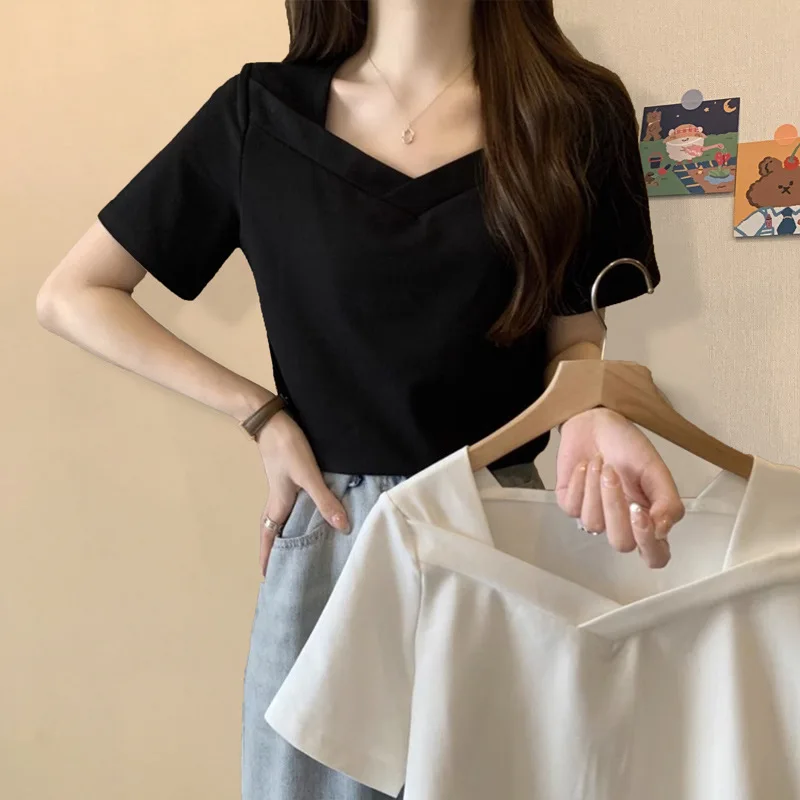 여성용 V넥 루즈 캐주얼 티셔츠, 슬림 Kpop Y2K 티셔츠, 섹시한 빈티지 여름 티셔츠, 블랙 캐주얼 의류 상의