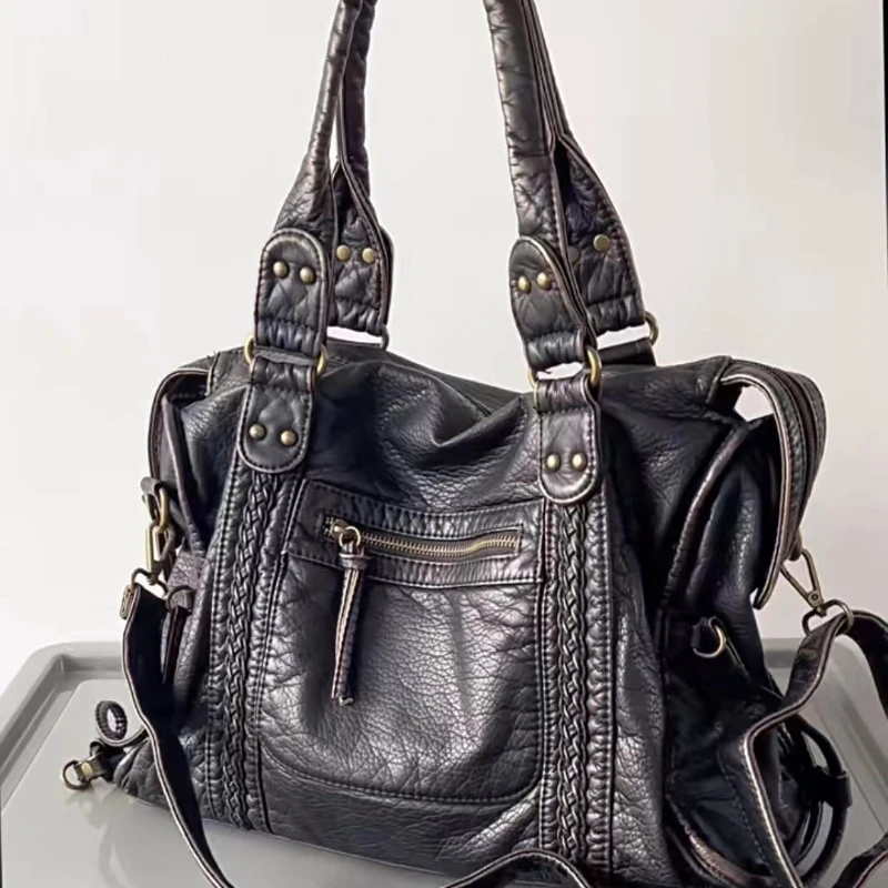 Y2K 매운 소녀 한 어깨 Crossbody 가방 빈티지 씻어 가죽 오토바이 가방 대용량 가방