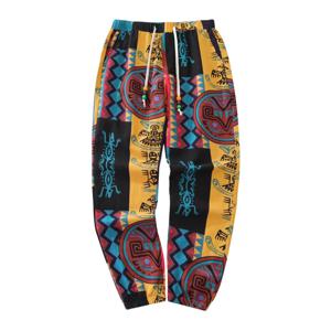 Mens Boho Tribal Print 스트레치 리넨 Pnats 코튼 블렌드 드로스트링 경량 바지(포켓 포함) 여름 조깅 바지