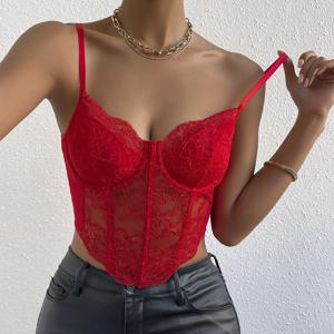 프랑스어 섹시한 레이스 Underwire Rhomboid Fishbone 자르기 탑 Backless Hottie Perspective 코르셋 레드 v 넥 우아하고 기질 조끼