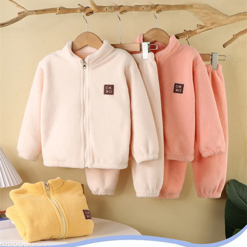플러시 세트 어린이 가을 겨울 따뜻한 양털 정장 아기 두꺼운 카디건 탑 + 바지 2Pcs 복장 소년 소녀 Homewear 의류