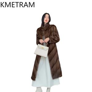 100% 여성용 전체 밍크 모피 코트, 롱 럭셔리 리얼 모피 코트, 스탠드 칼라 의류, 패션 따뜻한 재킷, 여성 2025