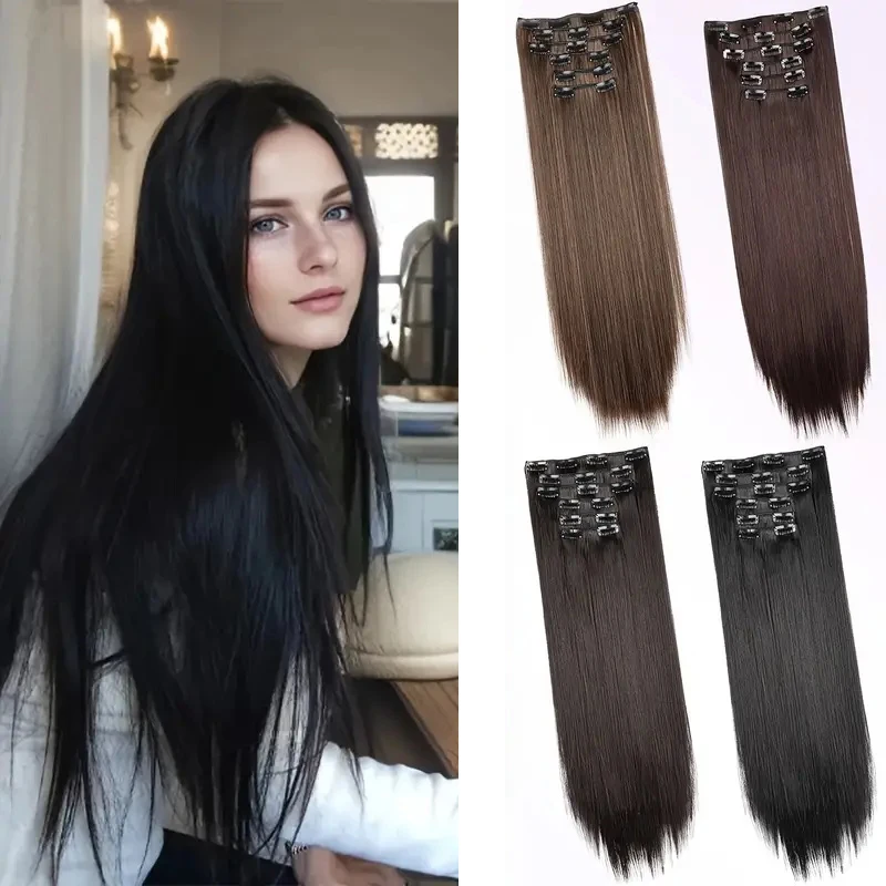 WIGSIN 합성 6 개/대 긴 스트레이트 클립 인 헤어 익스텐션 보이지 않는 원활한 익스텐션 여성용 블랙 브라운 헤어 피스